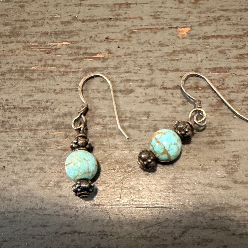 Southwestern Turquoise Bead Drop Earrings Silver Tone Boho Fishhook Dangle